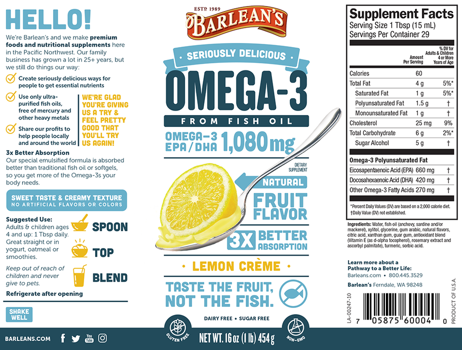 Barleans Omega 3 Fish Oil (lemon flavored) 16oz